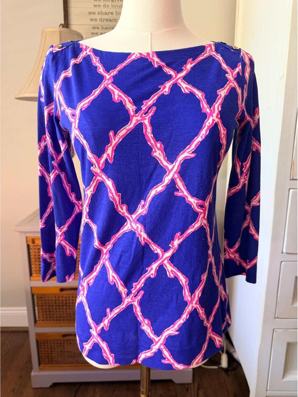 Lilly Pulitzer Alida  “Santorini Blue Deep Dive” Boat Neck Top SIZE XS